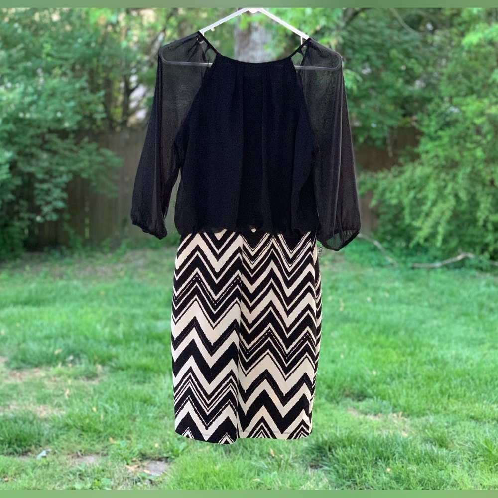 Enfocua Studio Black & White Zig Zag Pattern Pencil Skirt Dress w/ Sheer Top 🦓